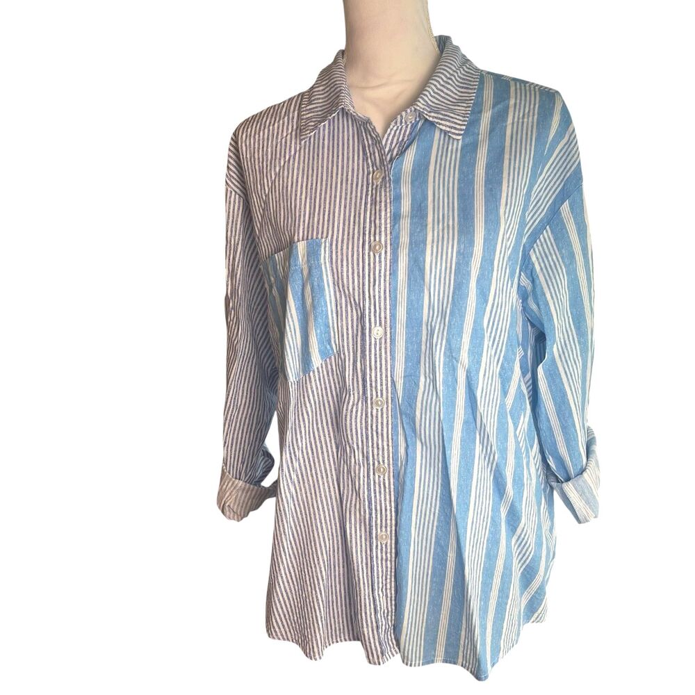 Womens L Blue Stripe Button Up Shirt Long Sleeves 100% Cotton Coastal Casual